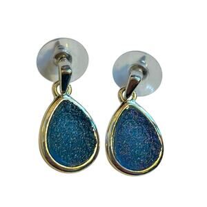 Purple Druzy Drop Earrings Silver Tone Teardrop Iridescent Sparkle
